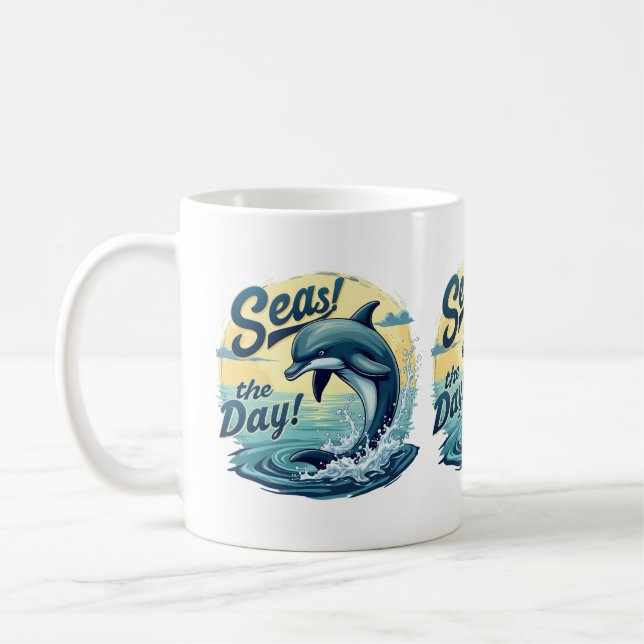 Seas the Day Retro Dolphin Ocean Aesthetic Coffee Mug (Left)
