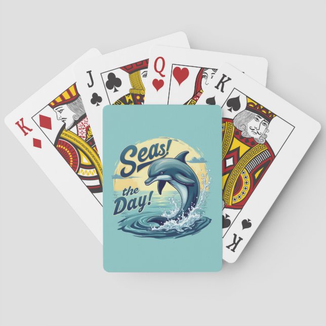 Seas the Day Retro Dolphin Ocean Aesthetic Playing Cards (Back)