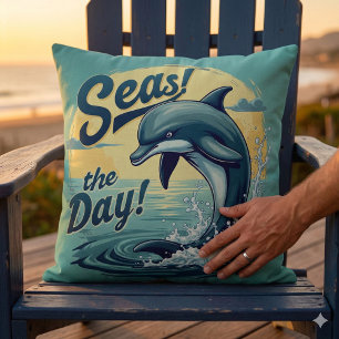Seas the Day Retro Dolphin Ocean Aesthetic Throw Pillow