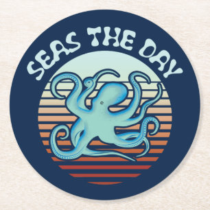 Seas The Day   Summer Vibes Octopus Round Paper Coaster