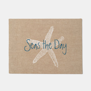 Seas the Day Vintage Starfish on Burlap Look Doormat