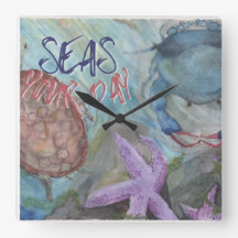 Seas Your Day Square Sealife Wall Clock