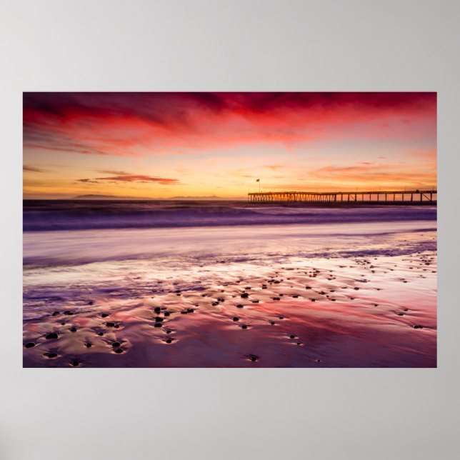 Seascape and pier at sunset, CA Poster (Front)