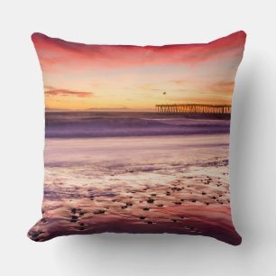 Seascape and pier at sunset, CA Throw Pillow