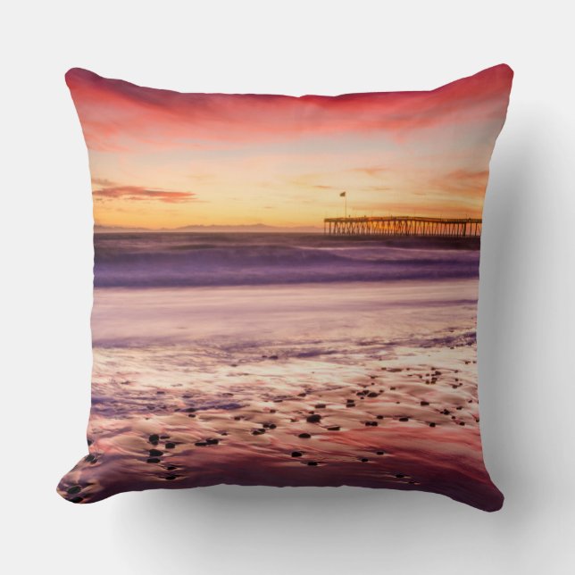 Seascape and pier at sunset, CA Throw Pillow (Front)