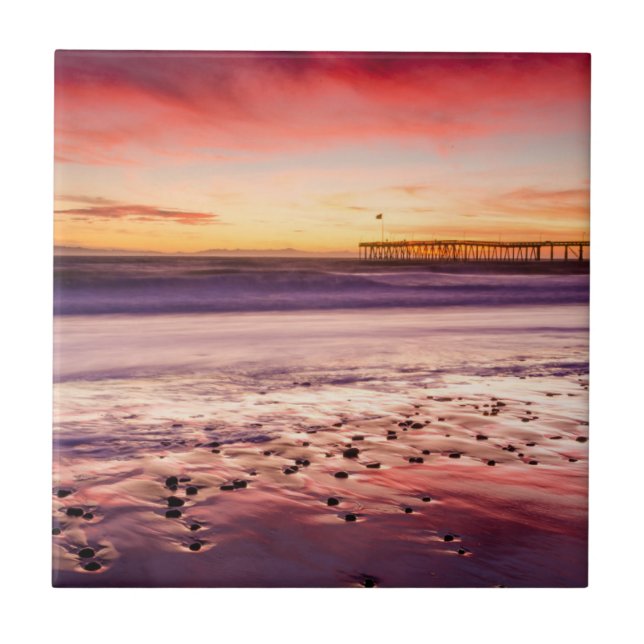 Seascape and pier at sunset, CA Tile (Front)