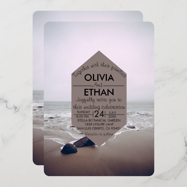 Seascape beach shore navy Wedding Foil Invitation (Front/Back)