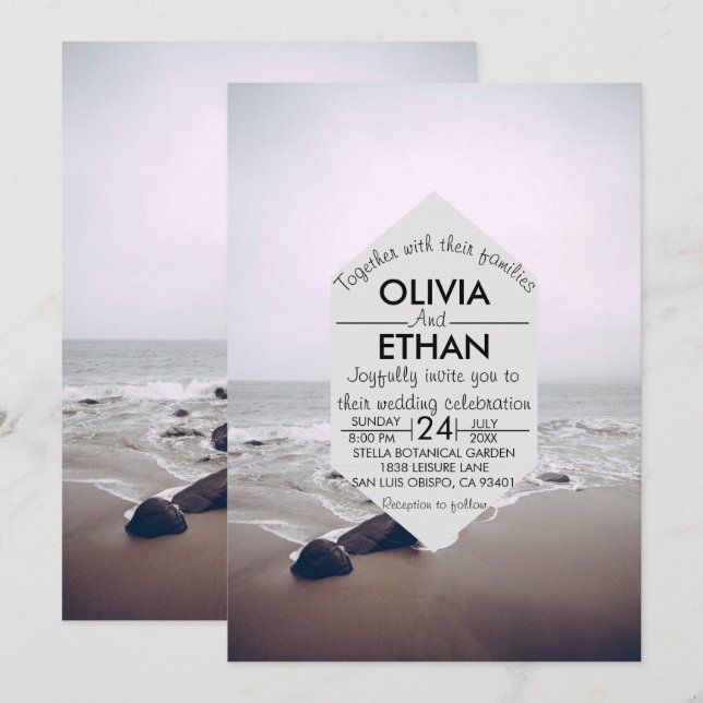 Seascape beach shore navy Wedding Invitation (Front/Back)