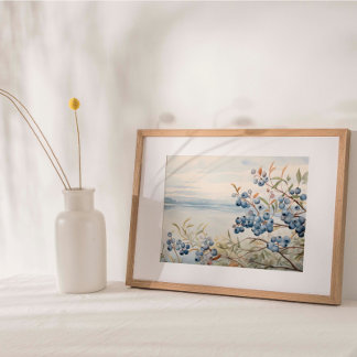 Seascape Blueberry Fruit Plant Watercolor Print