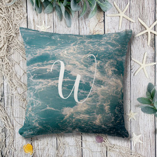Seascape Caribbean Blue White Wave Crests Monogram Throw Pillow