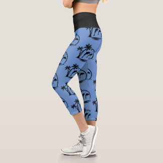 Seascape Dolphin Jumping Palm Tree Ocean Capri Leggings
