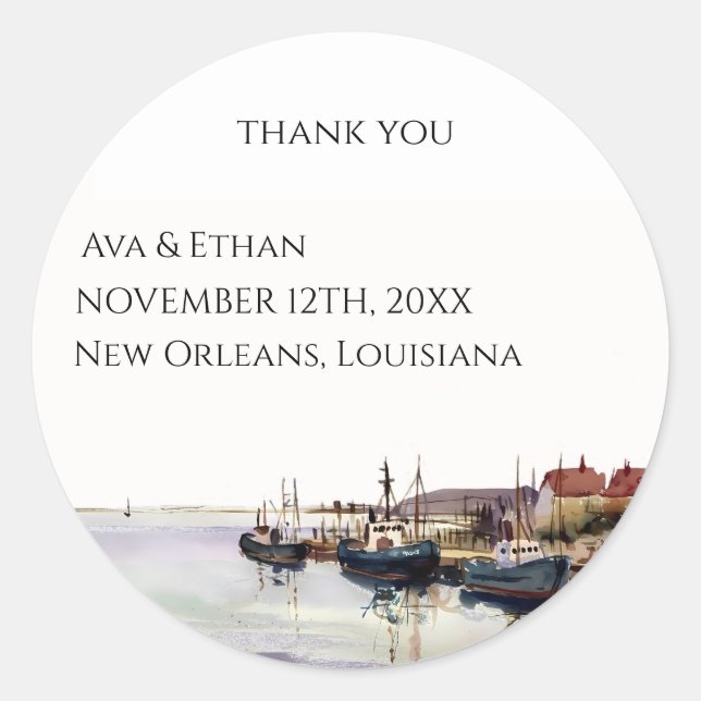   Seascape Harbour Thank You Wedding Favour Classic Round Sticker (Front)