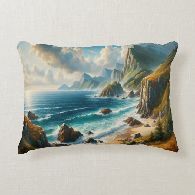 Seascape Paintings Sea Beach with cliff Accent Pillow (Front)