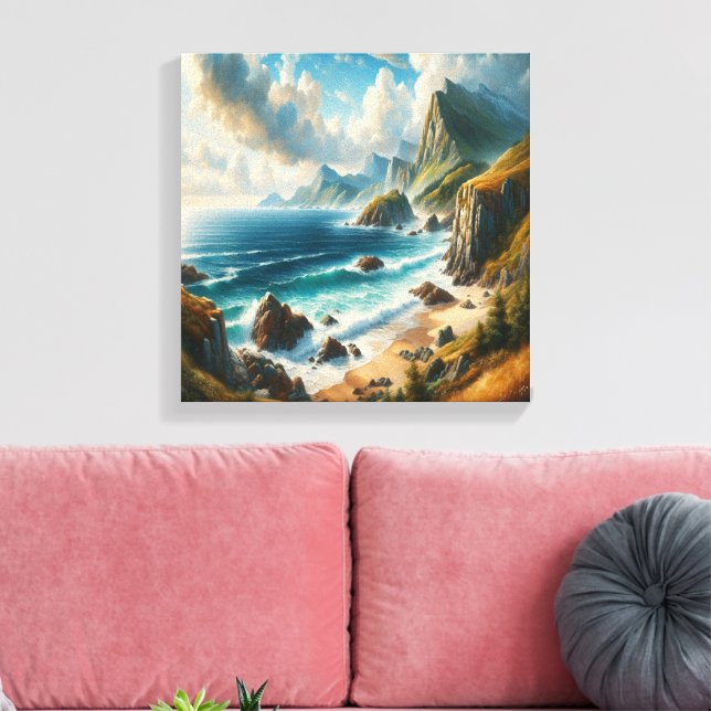 Seascape Paintings Sea Beach with cliff Canvas Print (Insitu(LivingRoom))