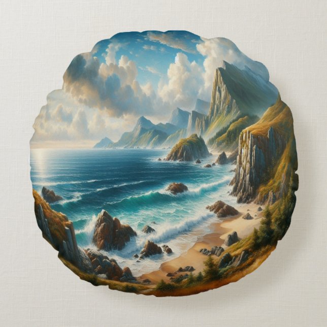 Seascape Paintings Sea Beach with cliff Round Pillow (Front)