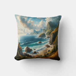 Seascape Paintings Sea Beach with cliff Throw Pillow
