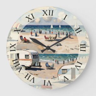 Seascape, Vintage Caravan on the Beach  Large Clock