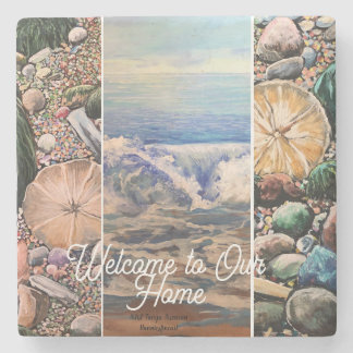  Seascape Welcome  Blue Personalize Print  Stone Coaster