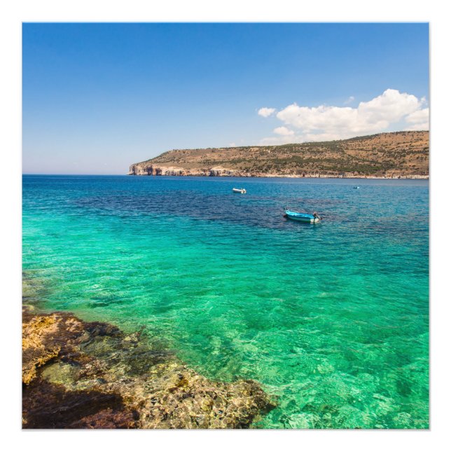 Seascape with Fisherman Boat – Tranquil Coastal Photo Print (Front)