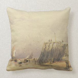 Seascape with Sailing Barges and Figures Wading Of Throw Pillow