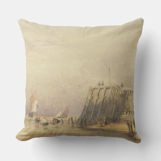 Seascape with Sailing Barges and Figures Wading Of Throw Pillow (Front)