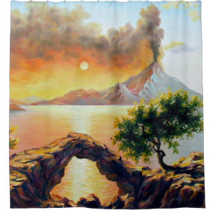 Seascape with the eruption of the volcano, oil on