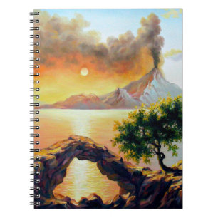 Seascape with the eruption of the volcano, oil on notebook