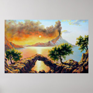 Seascape with the eruption of the volcano, oil on poster
