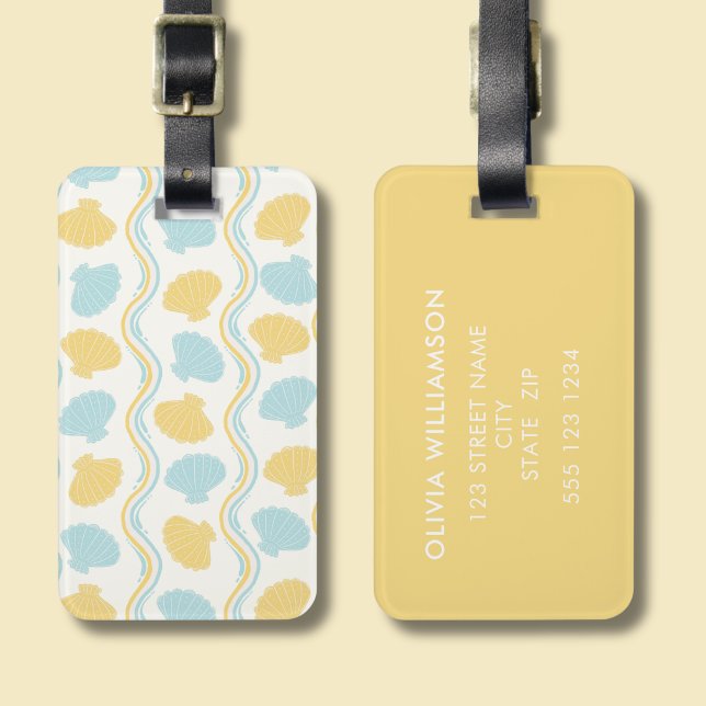 Seashell and beach waves Summer Luggage Tag (Seashells and ocean waves yellow personalized luggage tag)