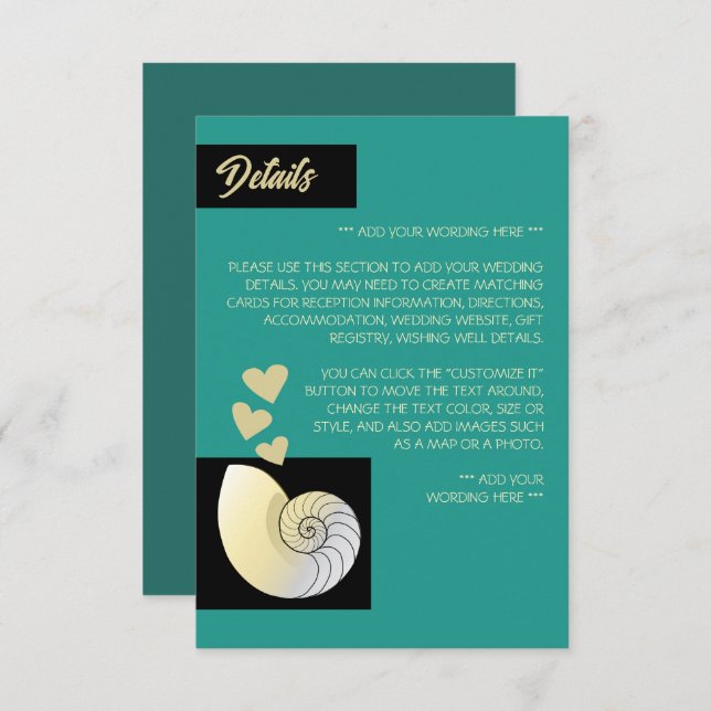Seashell and Hearts, Beach Wedding Detail Enclosure Card (Front/Back)