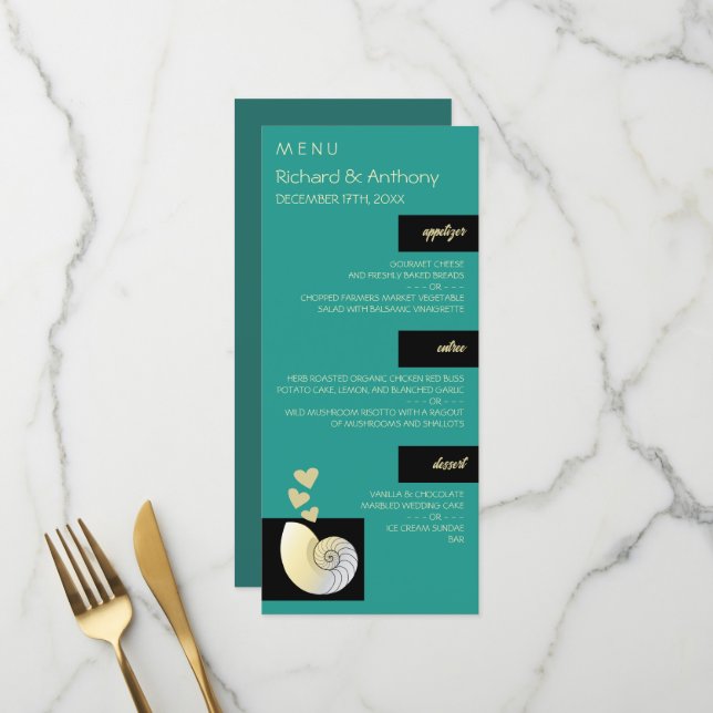 Seashell and Hearts, Beach Wedding Menu (Front/Back In Situ)