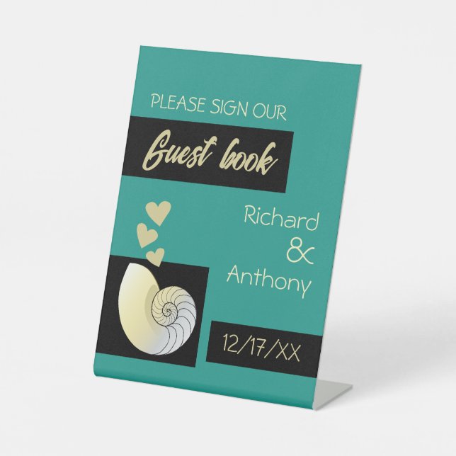 Seashell and Hearts, Beach Wedding Pedestal Sign (Front)