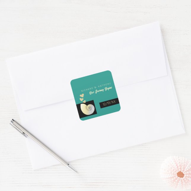 Seashell and Hearts, Beach Wedding Square Sticker (Envelope)