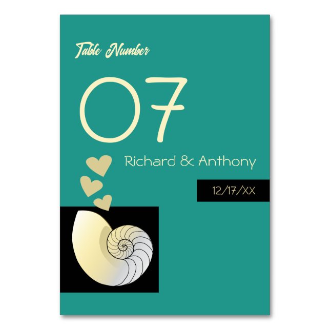 Seashell and Hearts, Beach Wedding Table Number (Front)