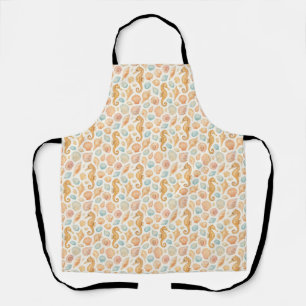 Seashell and seahorse watercolor pattern apron