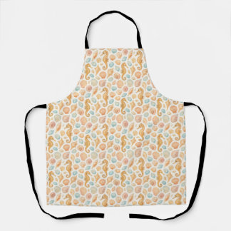 Seashell and seahorse watercolor pattern apron