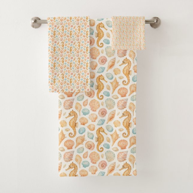 Seashell and seahorse watercolor pattern bath towel set (Insitu)