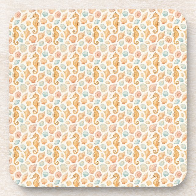 Seashell and seahorse watercolor pattern coaster (Front)