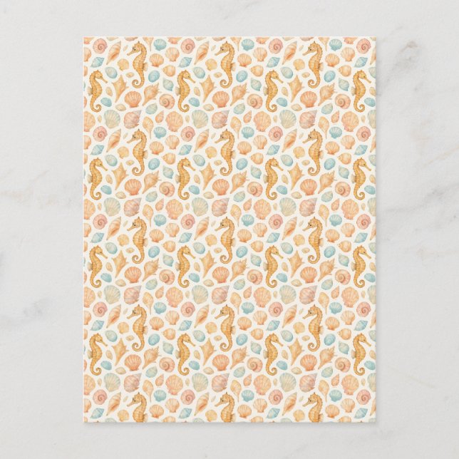 Seashell and seahorse watercolor pattern invitation postcard (Front)