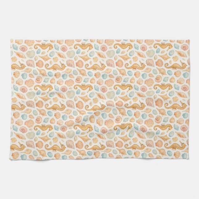 Seashell and seahorse watercolor pattern kitchen towel (Horizontal)
