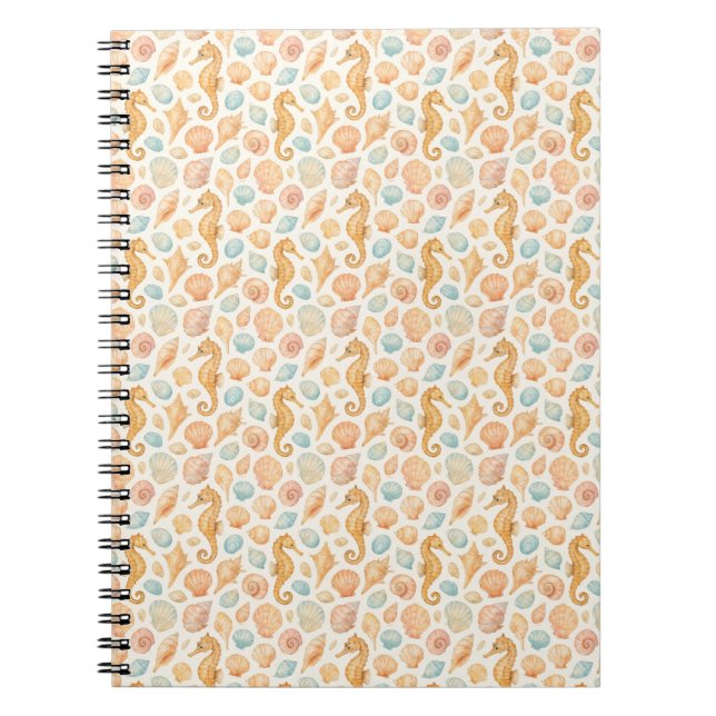 Seashell and seahorse watercolor pattern notebook (Front)