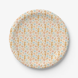 Seashell and seahorse watercolor pattern paper plate
