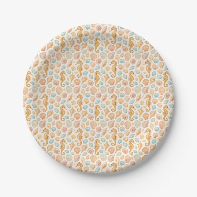 Seashell and seahorse watercolor pattern paper plate (Front)