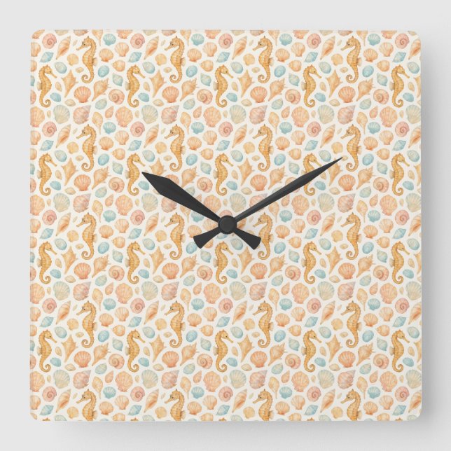Seashell and seahorse watercolor pattern square wall clock (Front)