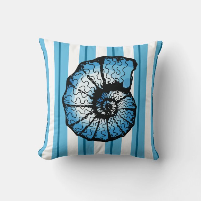 Seashell and Stripes in Ocean Colours Throw Pillow (Front)