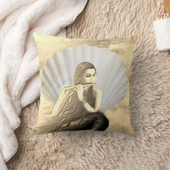 Seashell and Woman Playing Flute Throw Pillow (Blanket)