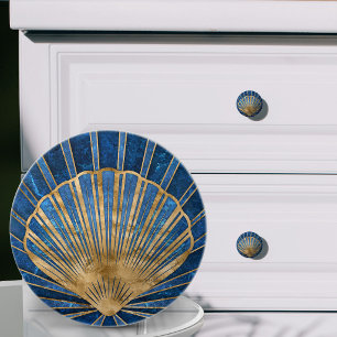 Seashell Art Deco - Blue Marble and Gold Ceramic Knob