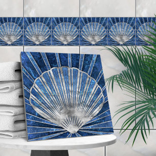 Seashell Art Deco - Blue Marble and Silver Tile
