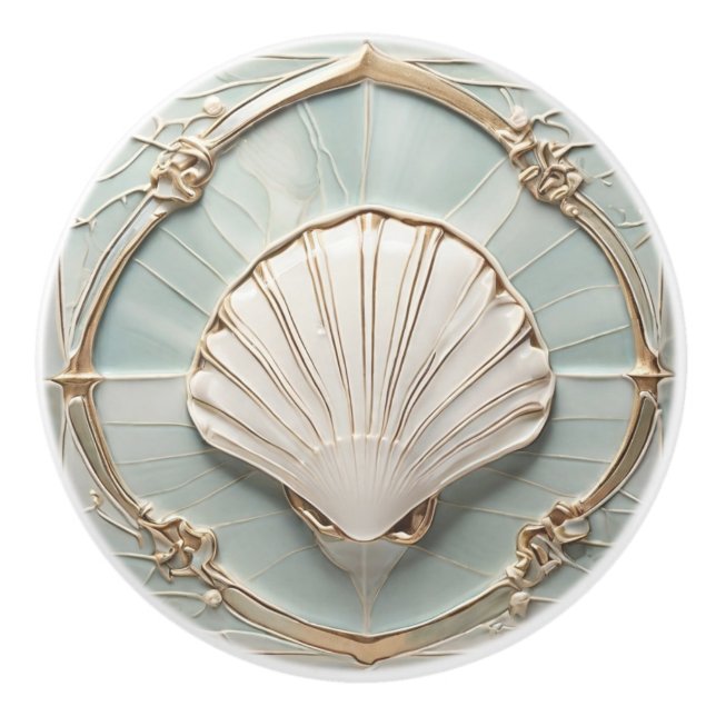 Seashell Art Nouveau Faux Relief Mint Blue & Gold Ceramic Knob (Front)