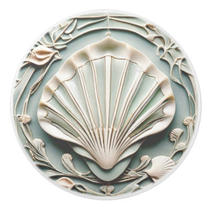 Seashell Art Nouveau Faux Relief Mint White Shell Ceramic Knob